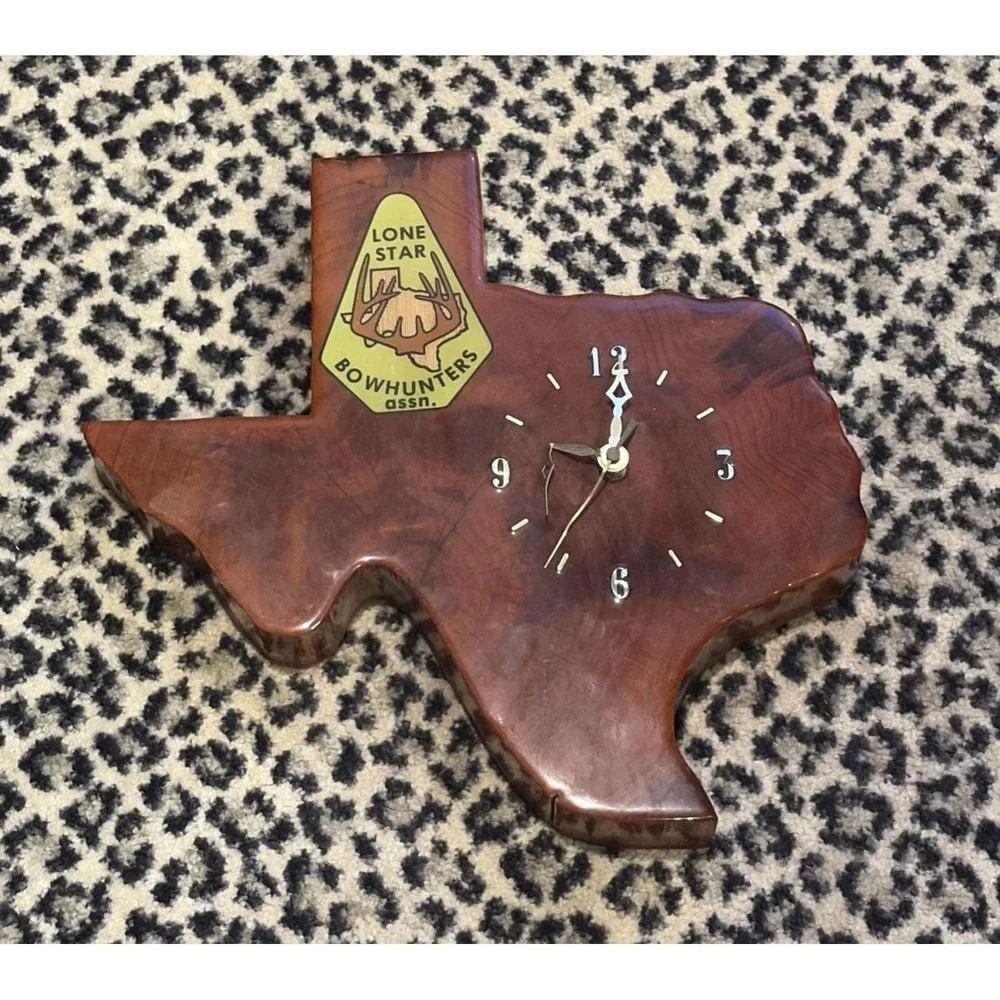 Texas Wood Wall Clock Lone Star Bowhunters Assn Rustic Handmade Parts Repair VTG